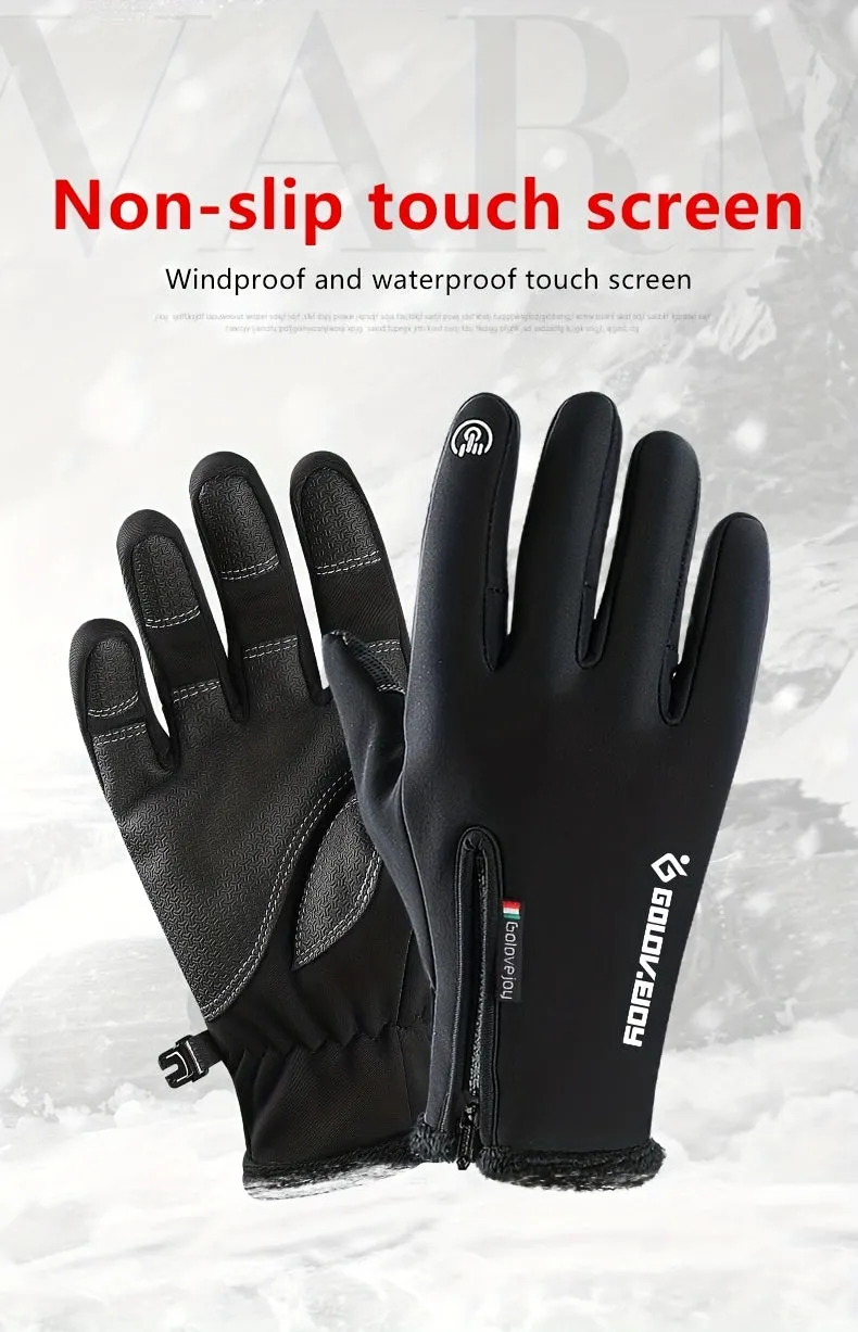 1 Pair of Premium Thermal Insulated Waterproof Windproof Gloves - Touch Screen Fingers, Fleece Zipper Cover, Warmth Retention, Anti-Slip Palm, Adjustable Cuff, Ideal for Motorcycle, Skiing, Winter Outdoor Activities, and Cold Weather Conditions