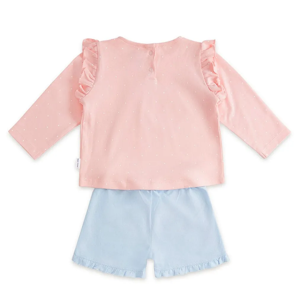 100% Cotton Full Sleeve Girl Top & Shorts, Pink-Blue