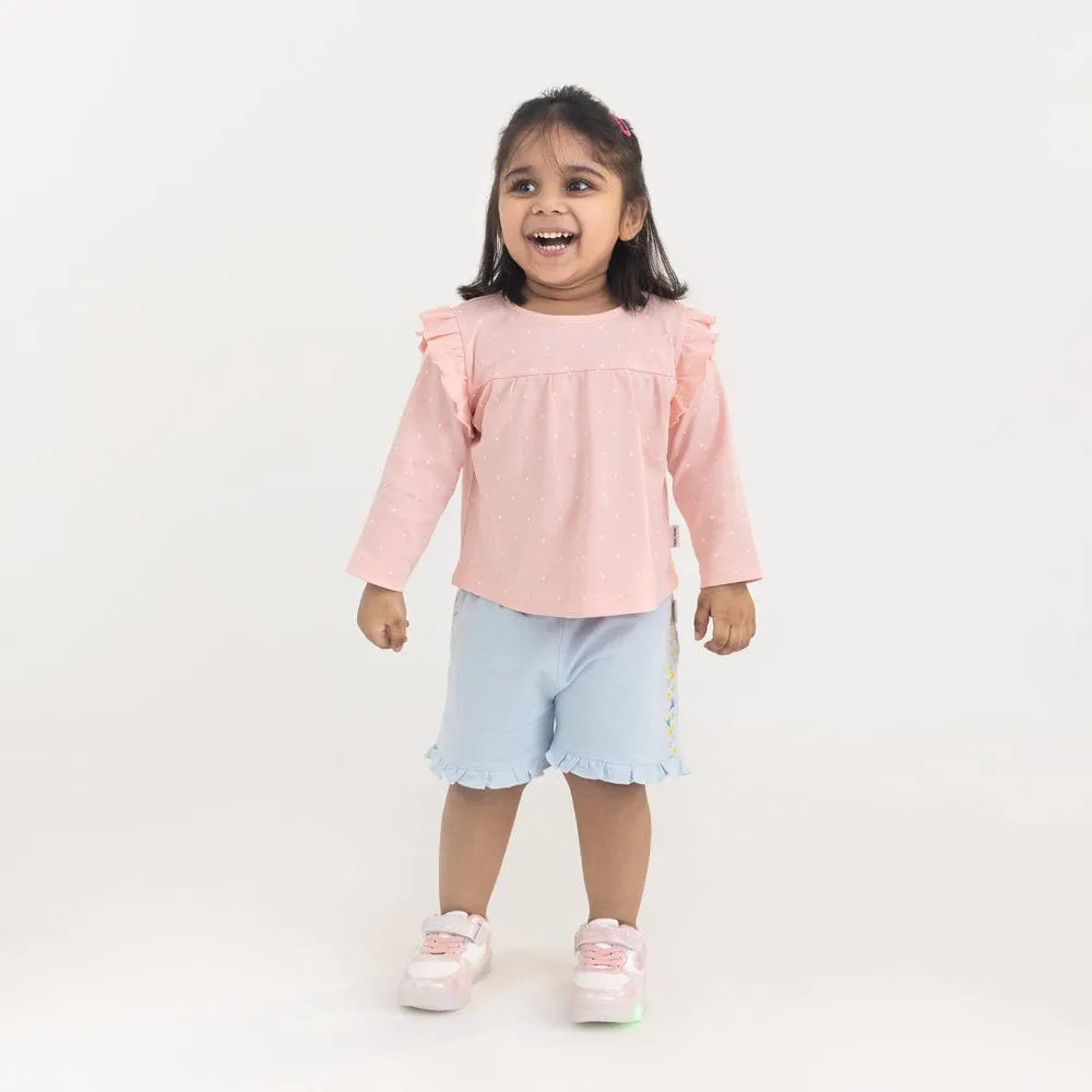 100% Cotton Full Sleeve Girl Top & Shorts, Pink-Blue