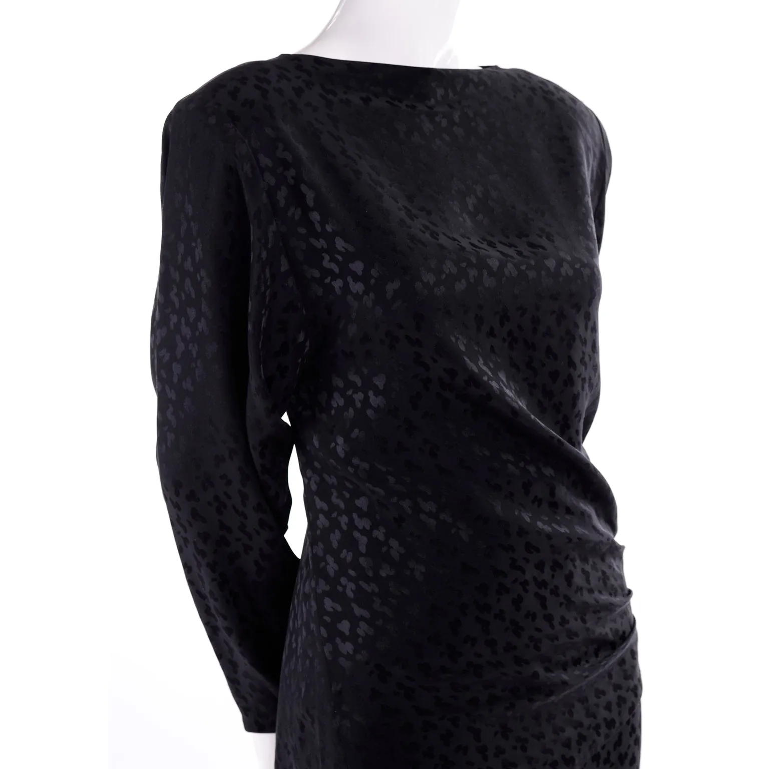 1980s Adolfo Vintage Silk Tonal Leopard Print Black 2 piece Dress