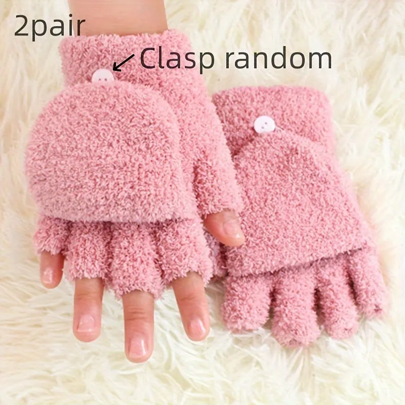 2 Pair Coral Fleece Flip Half-finger Gloves, Simple Cold-proof Writing Thicken Warm Gloves