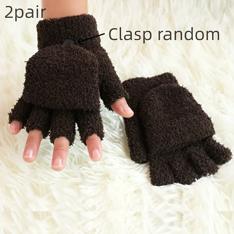 2 Pair Coral Fleece Flip Half-finger Gloves, Simple Cold-proof Writing Thicken Warm Gloves