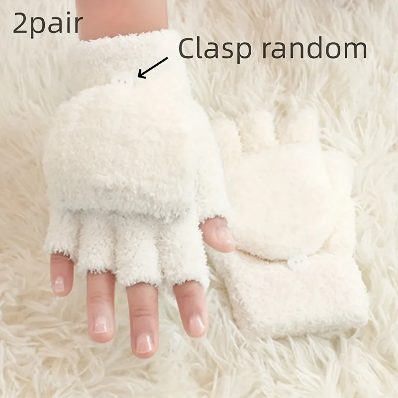 2 Pair Coral Fleece Flip Half-finger Gloves, Simple Cold-proof Writing Thicken Warm Gloves