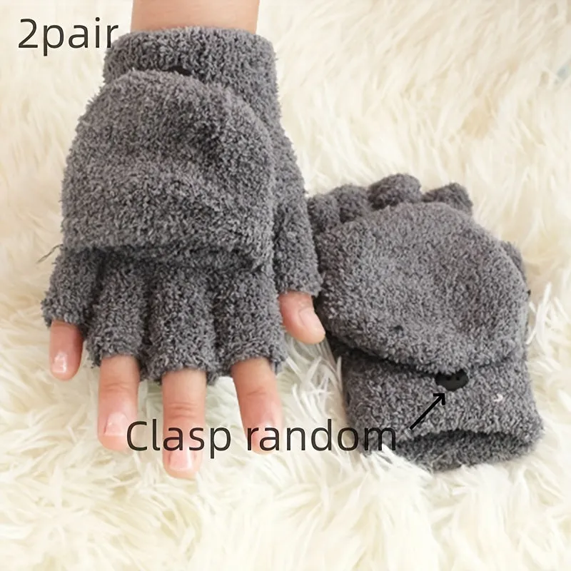 2 Pair Coral Fleece Flip Half-finger Gloves, Simple Cold-proof Writing Thicken Warm Gloves