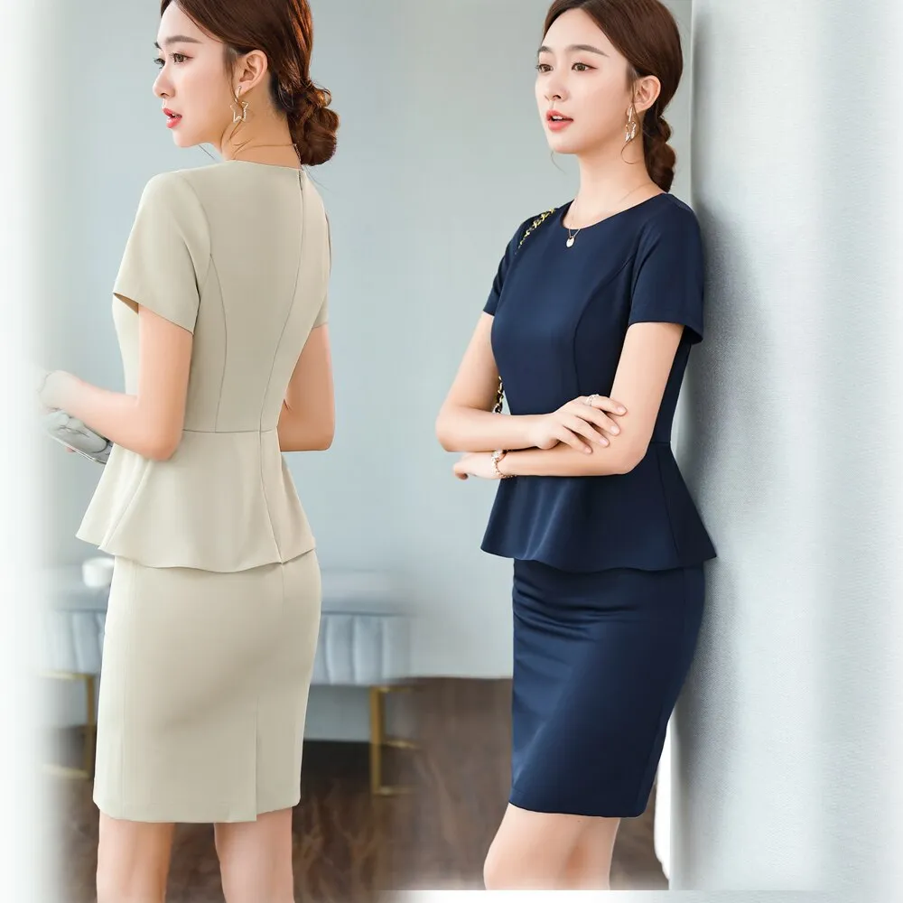 2021 women&#39;s Retro summer round neck formal pencil skirt tight buttocks work clothes professional dress Navy Dress