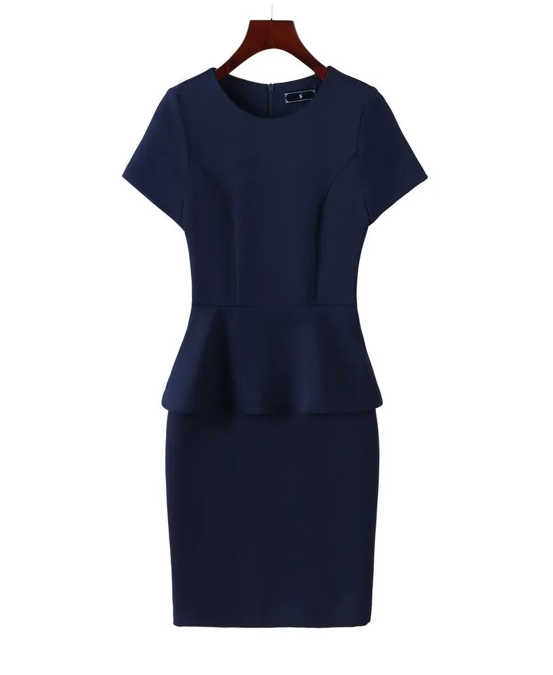 2021 women&#39;s Retro summer round neck formal pencil skirt tight buttocks work clothes professional dress Navy Dress