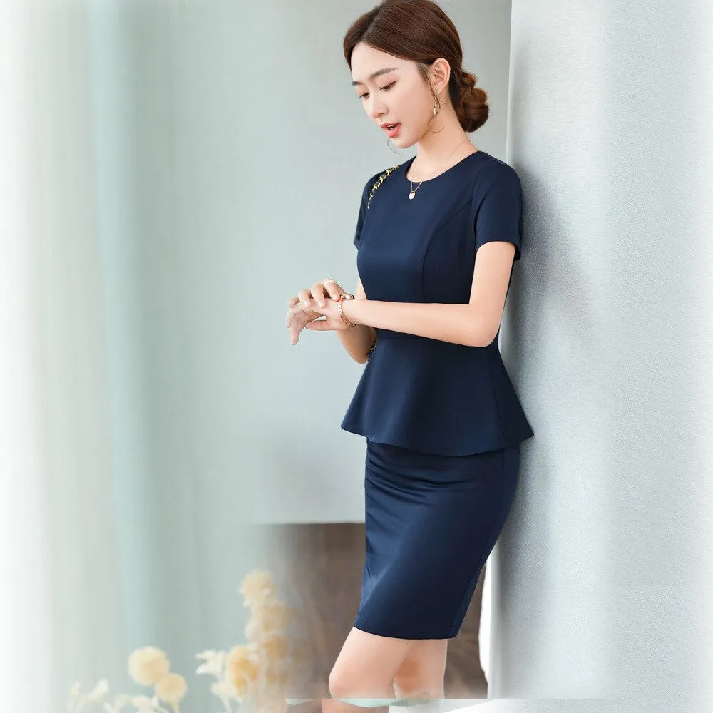 2021 women&#39;s Retro summer round neck formal pencil skirt tight buttocks work clothes professional dress Navy Dress