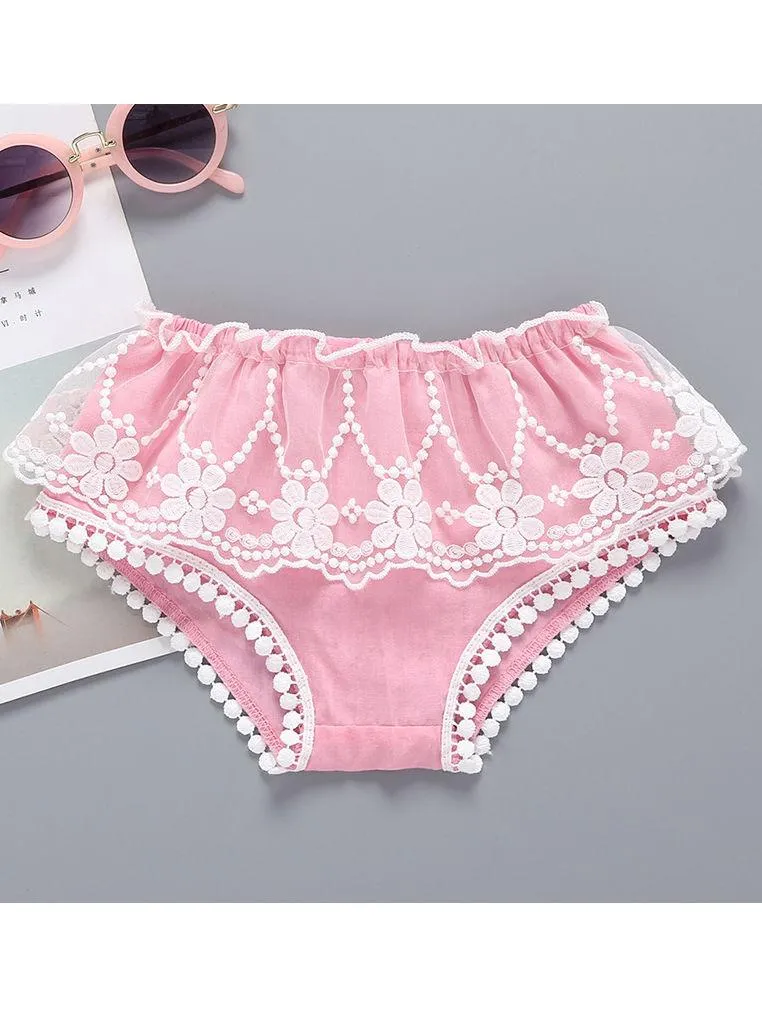 3-Piece Baby Outfit Off Shoulder Top   Flower Lace Trimmed Shorts  Headband