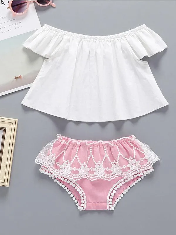 3-Piece Baby Outfit Off Shoulder Top   Flower Lace Trimmed Shorts  Headband