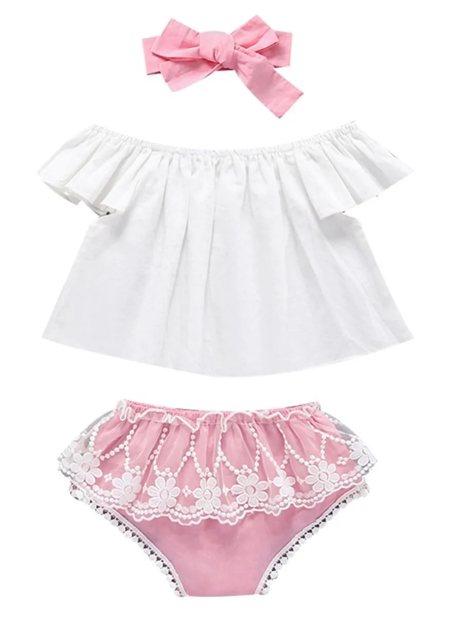 3-Piece Baby Outfit Off Shoulder Top   Flower Lace Trimmed Shorts  Headband