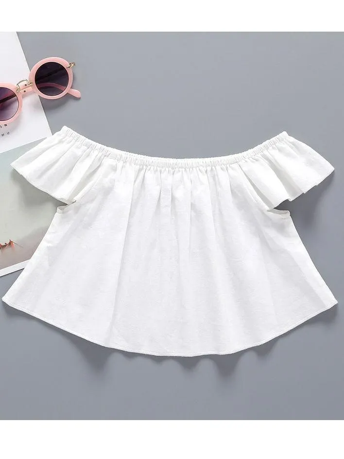 3-Piece Baby Outfit Off Shoulder Top   Flower Lace Trimmed Shorts  Headband