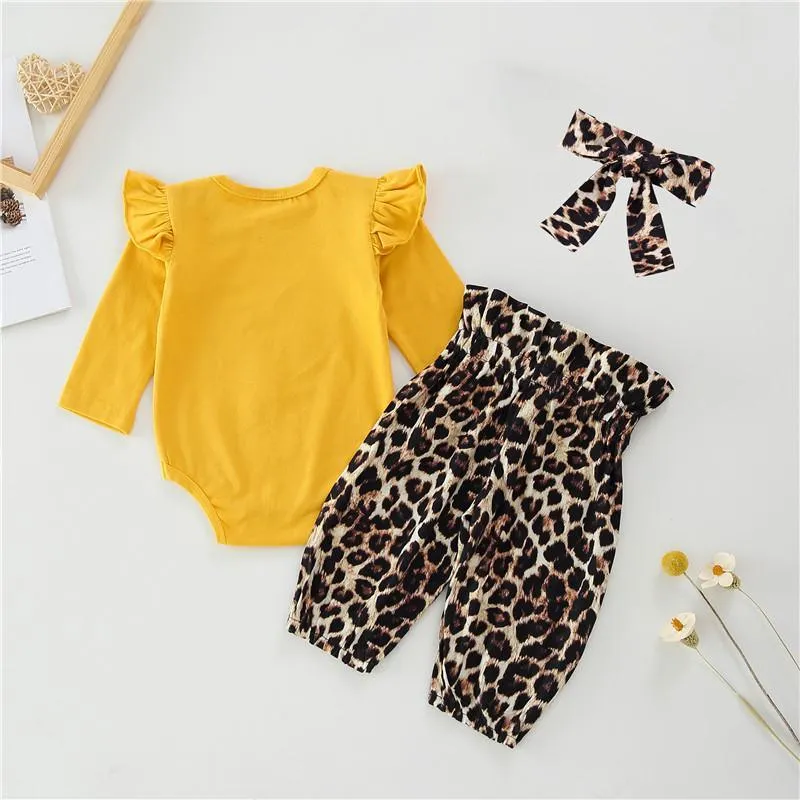 3-piece Heart-shaped Leopard Bodysuit & Pants & Headband for Baby Girl Wholesale children's clothing