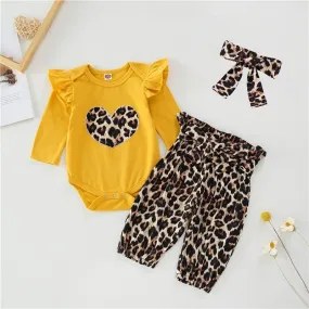 3-piece Heart-shaped Leopard Bodysuit & Pants & Headband for Baby Girl Wholesale children's clothing