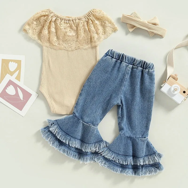 3Pcs Cotton Lace Romper, Tasseled Pants & Headband