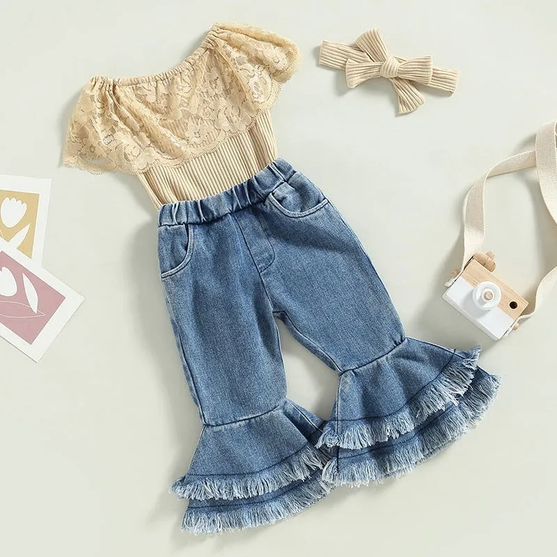 3Pcs Cotton Lace Romper, Tasseled Pants & Headband