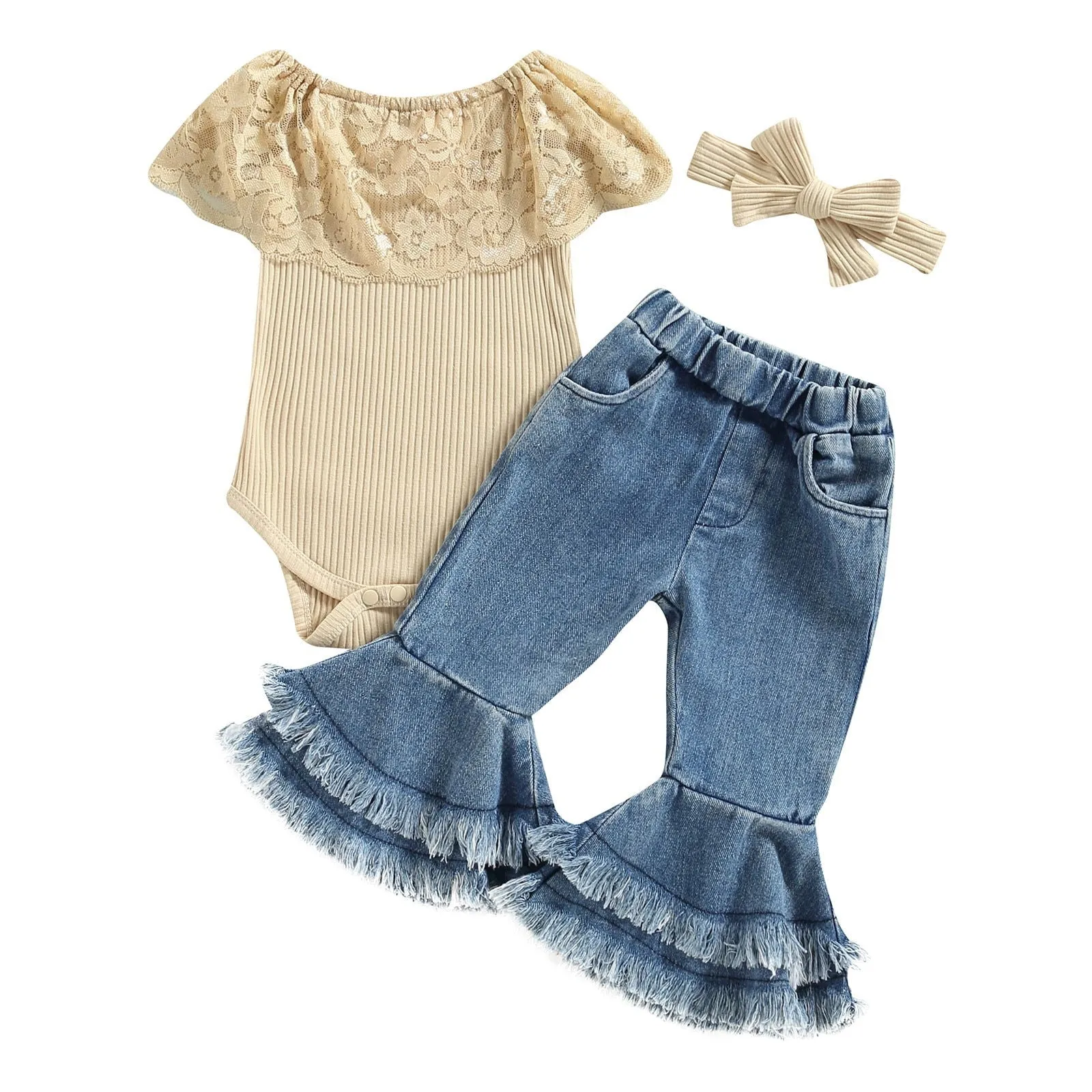 3Pcs Cotton Lace Romper, Tasseled Pants & Headband