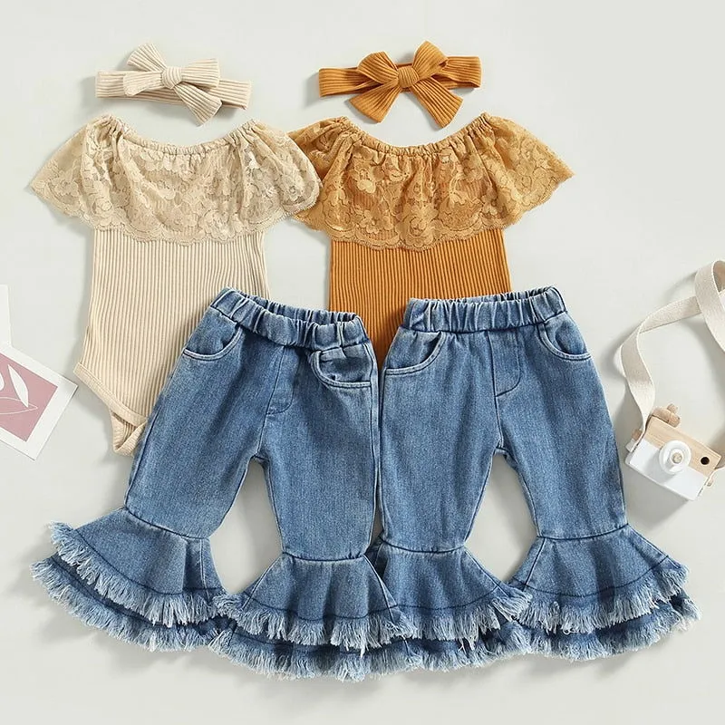 3Pcs Cotton Lace Romper, Tasseled Pants & Headband