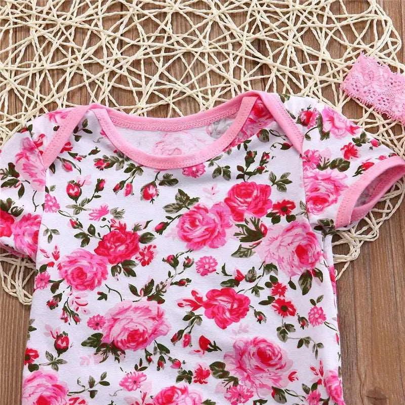 3Pcs Floral Short Sleeve  Romper and Shoe with Headband Set