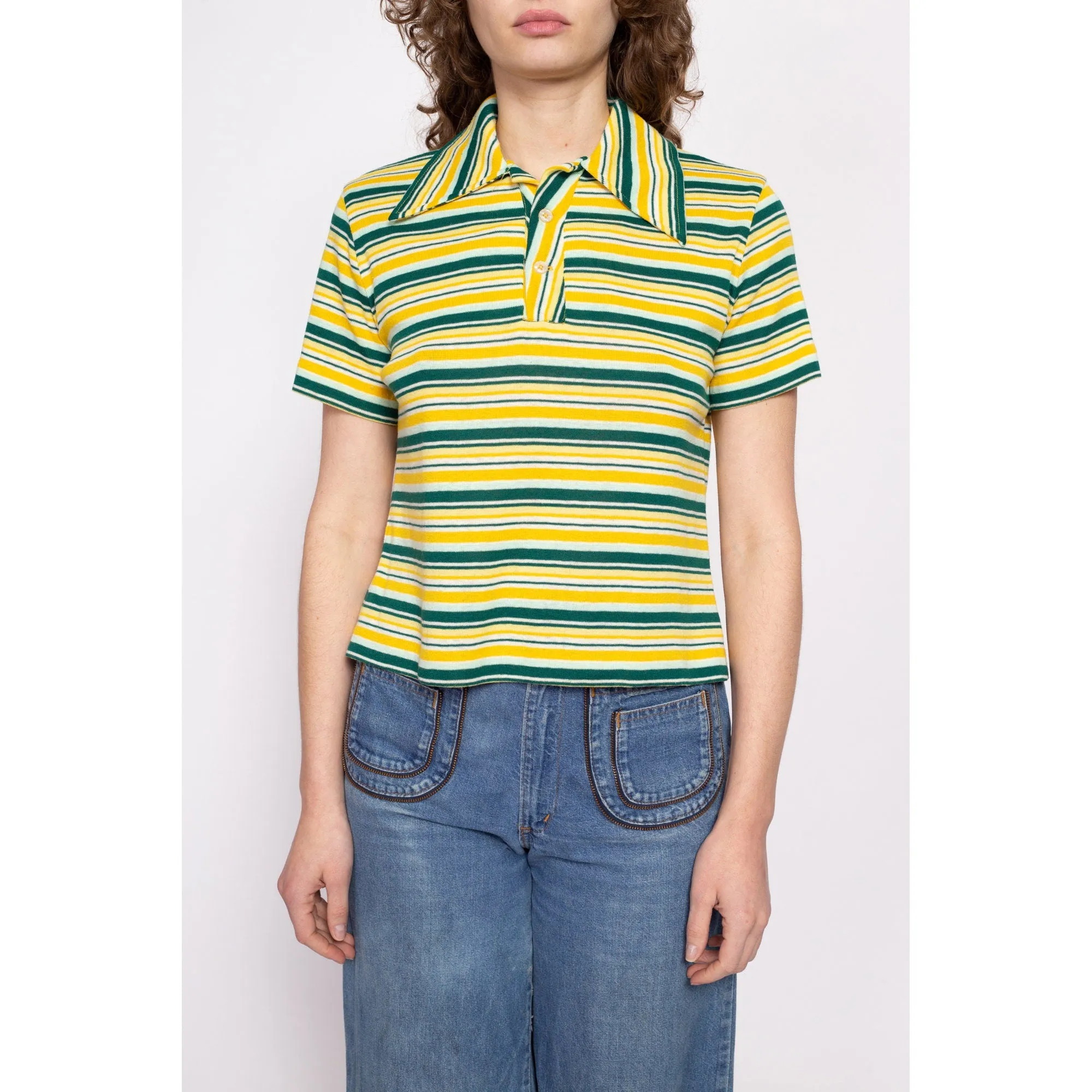 70s Yellow & Green Striped Cropped Polo Shirt - Large