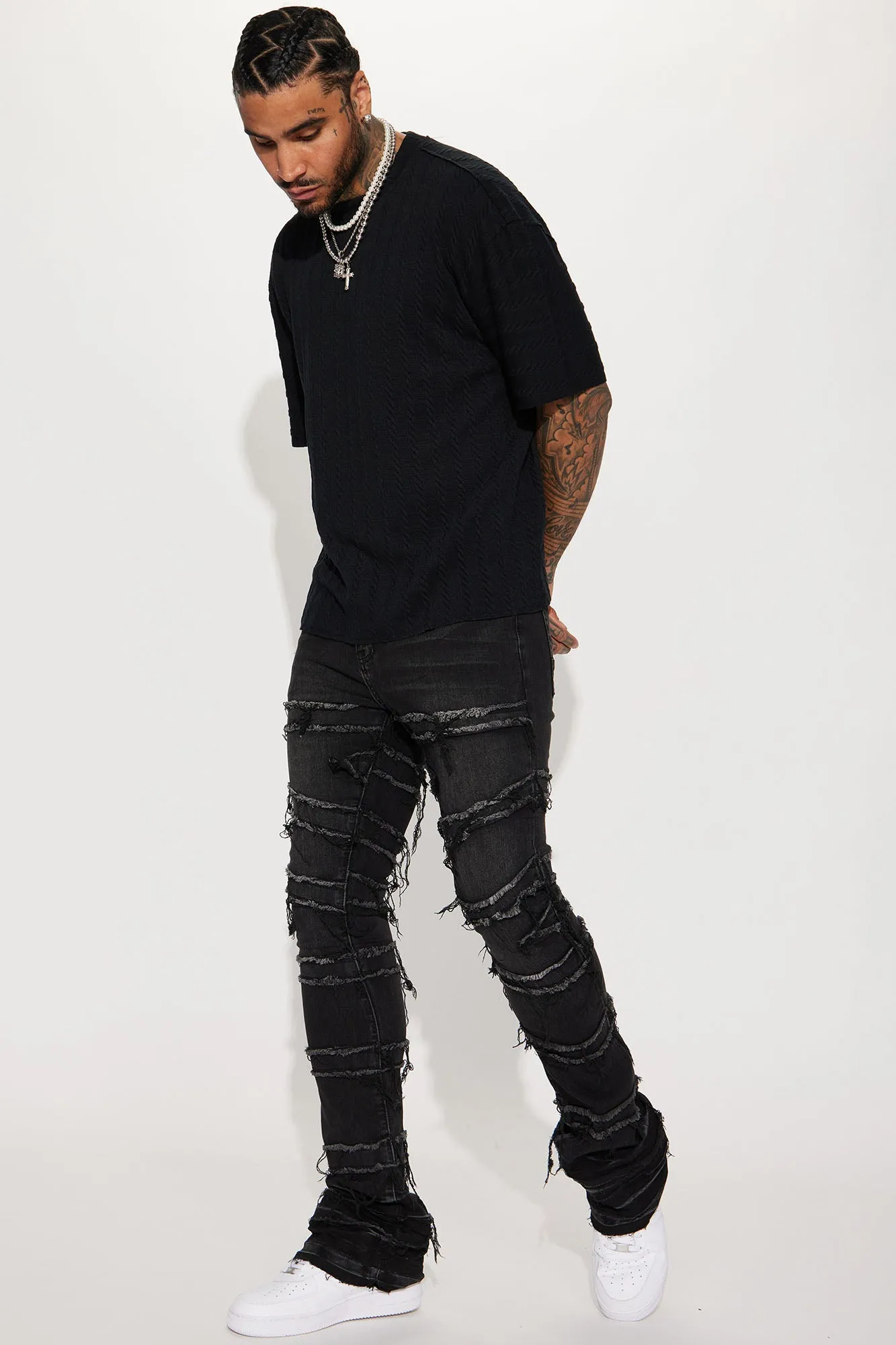 About Fray Stacked Skinny Flare Jeans - Black Wash