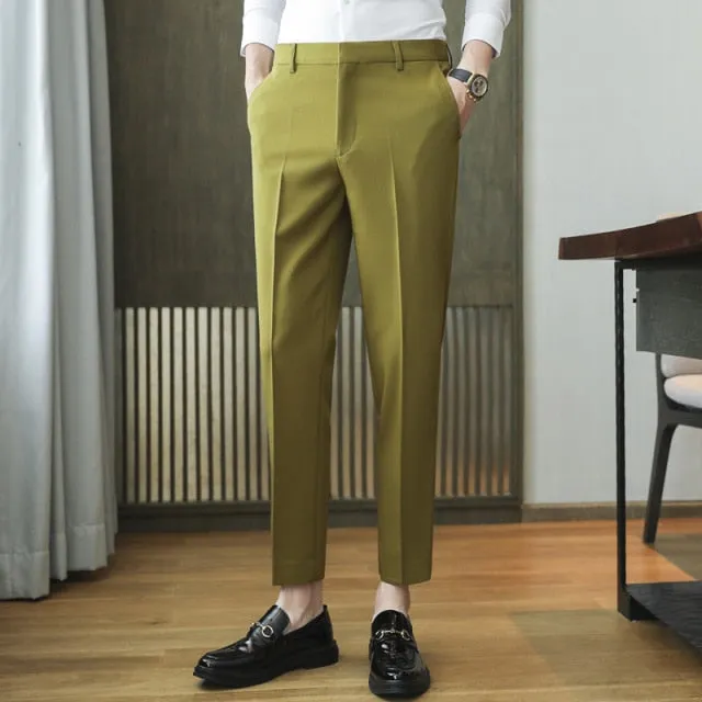 Aidase High Quality Korean Summer Solid Drape Suit Pants Men Clothing Simple Slim Fit Ankle Length Office Trousers Formal Wear 36