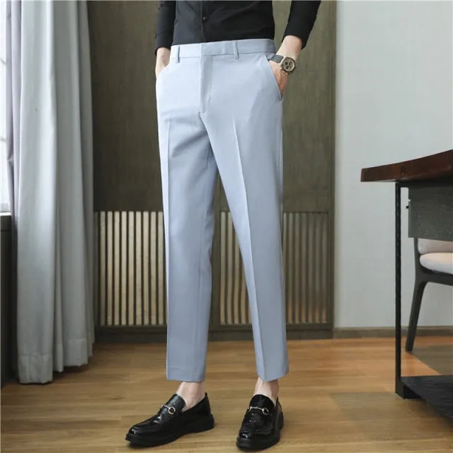 Aidase High Quality Korean Summer Solid Drape Suit Pants Men Clothing Simple Slim Fit Ankle Length Office Trousers Formal Wear 36