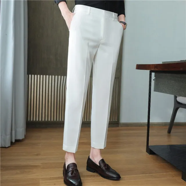 Aidase High Quality Korean Summer Solid Drape Suit Pants Men Clothing Simple Slim Fit Ankle Length Office Trousers Formal Wear 36