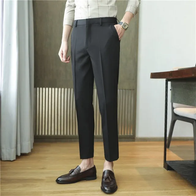 Aidase High Quality Korean Summer Solid Drape Suit Pants Men Clothing Simple Slim Fit Ankle Length Office Trousers Formal Wear 36