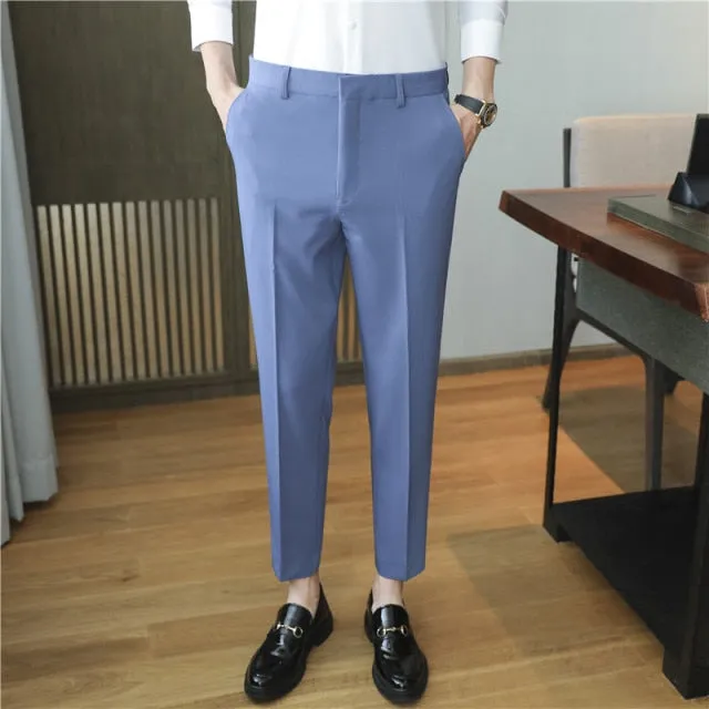 Aidase High Quality Korean Summer Solid Drape Suit Pants Men Clothing Simple Slim Fit Ankle Length Office Trousers Formal Wear 36