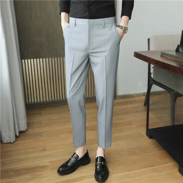 Aidase High Quality Korean Summer Solid Drape Suit Pants Men Clothing Simple Slim Fit Ankle Length Office Trousers Formal Wear 36