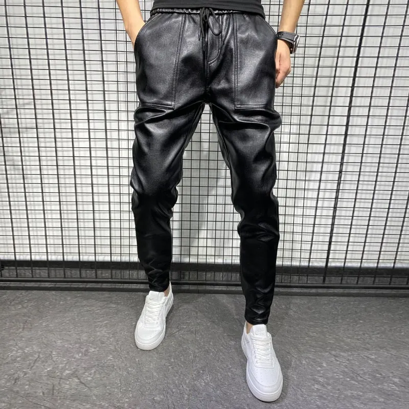 Aidase New Winter Thick Warm PU Leather Pants Men Clothing Simple Big Pocket Windproof Casual Motorcycle Trousers Black Plus Size