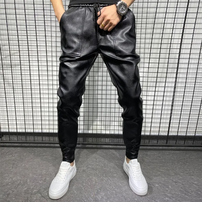 Aidase New Winter Thick Warm PU Leather Pants Men Clothing Simple Big Pocket Windproof Casual Motorcycle Trousers Black Plus Size