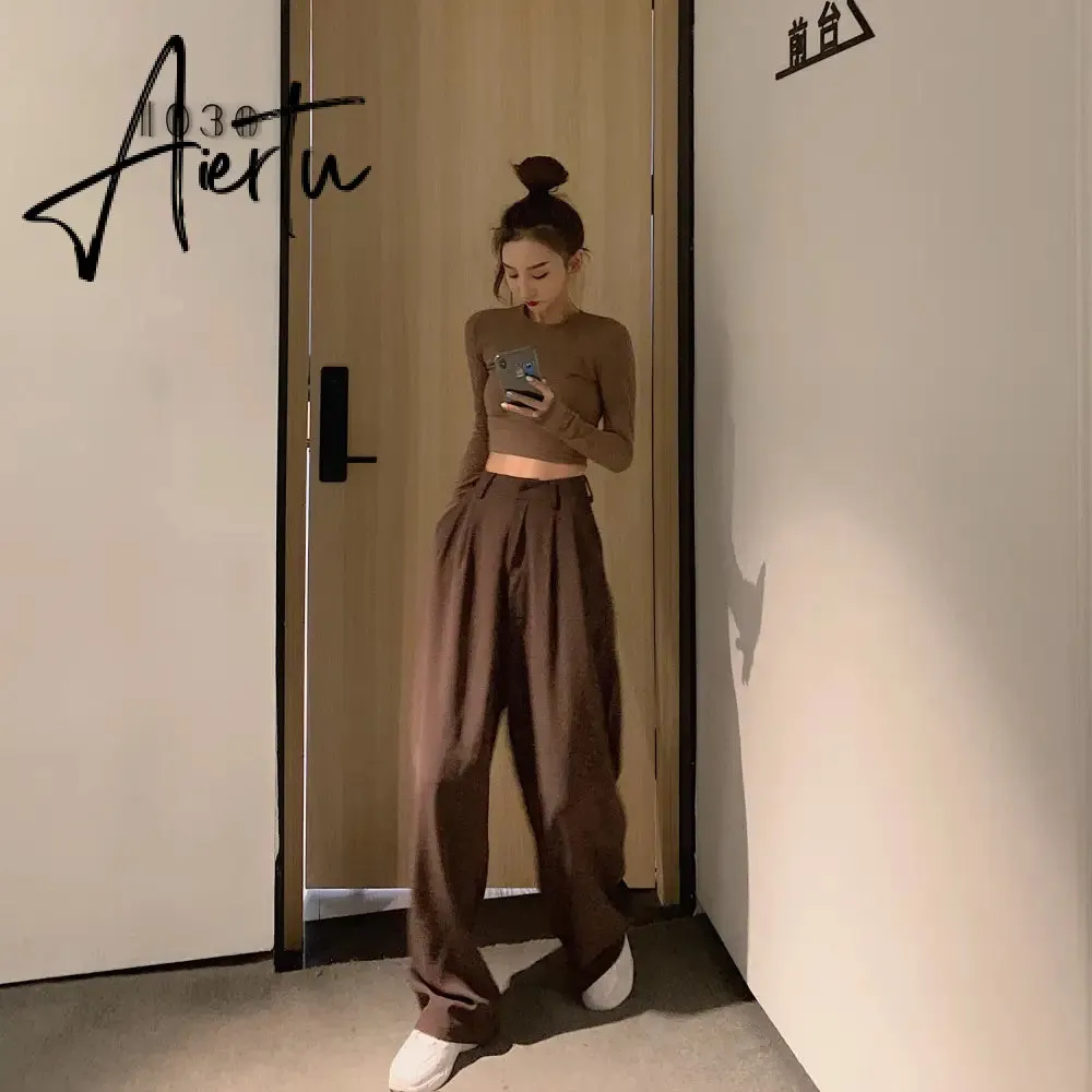 Aiertu Straight woman pants Streetwear trousers women autumn winter korean style high waist solid wide leg pant casual