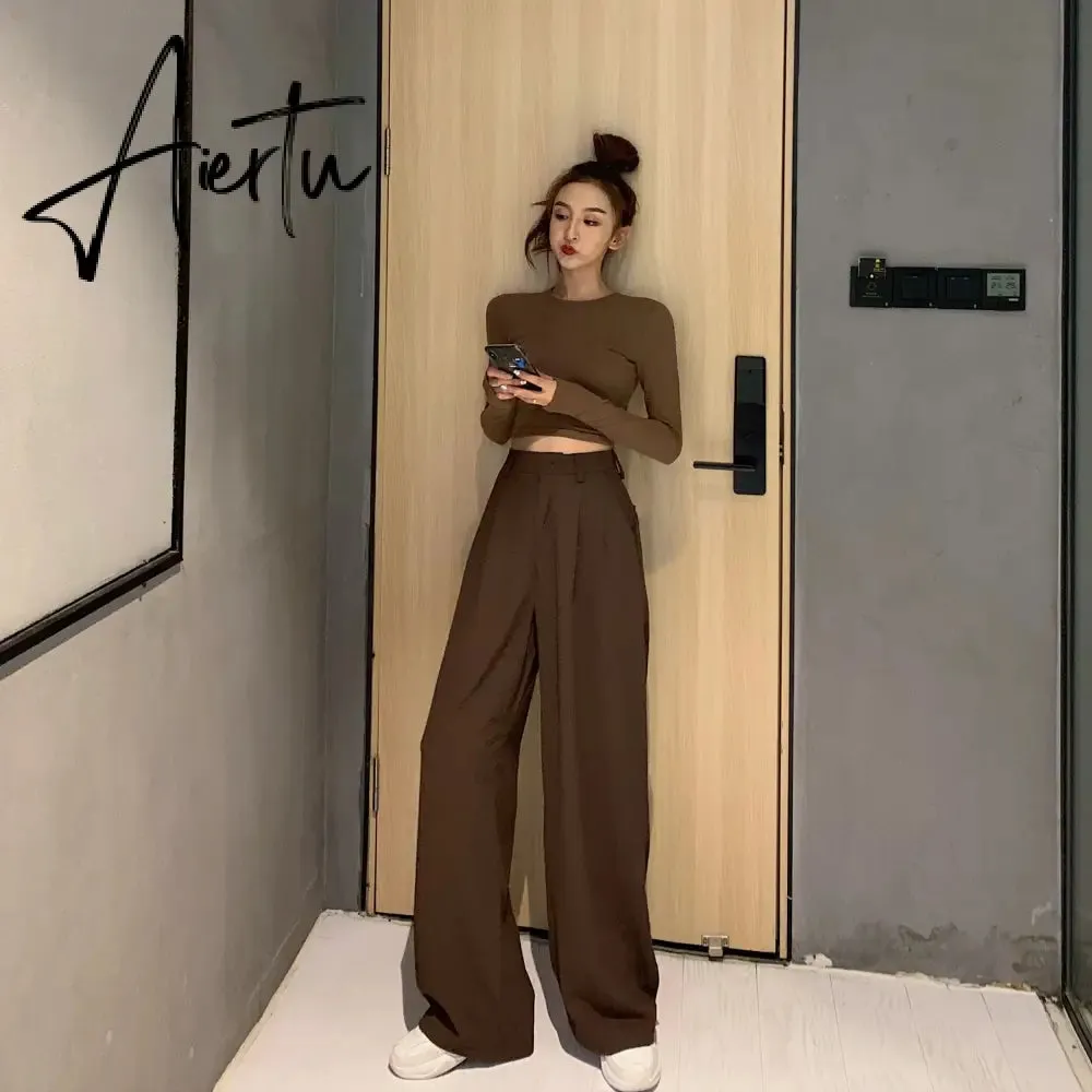 Aiertu Straight woman pants Streetwear trousers women autumn winter korean style high waist solid wide leg pant casual