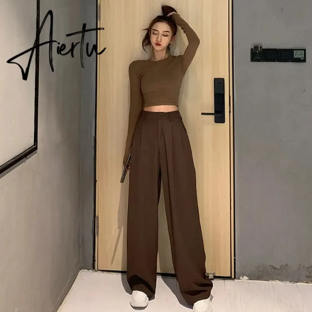 Aiertu Straight woman pants Streetwear trousers women autumn winter korean style high waist solid wide leg pant casual