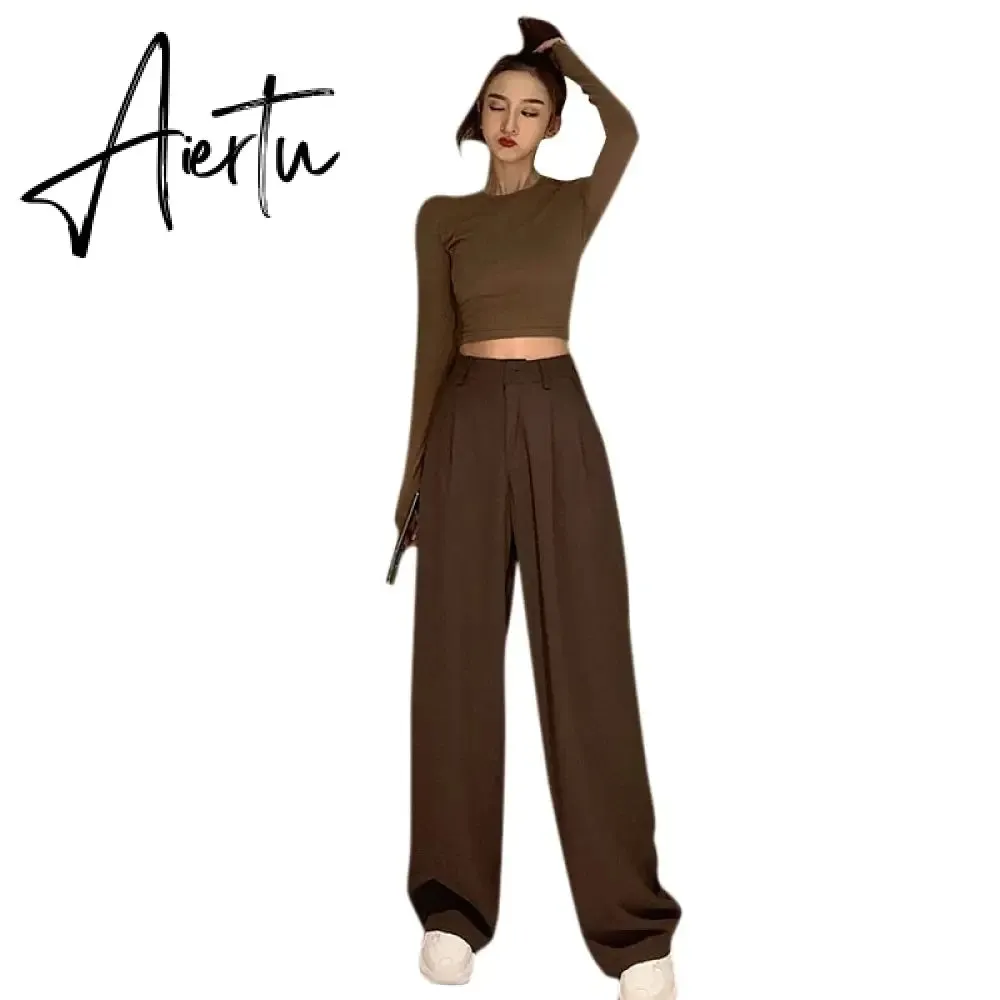 Aiertu Straight woman pants Streetwear trousers women autumn winter korean style high waist solid wide leg pant casual