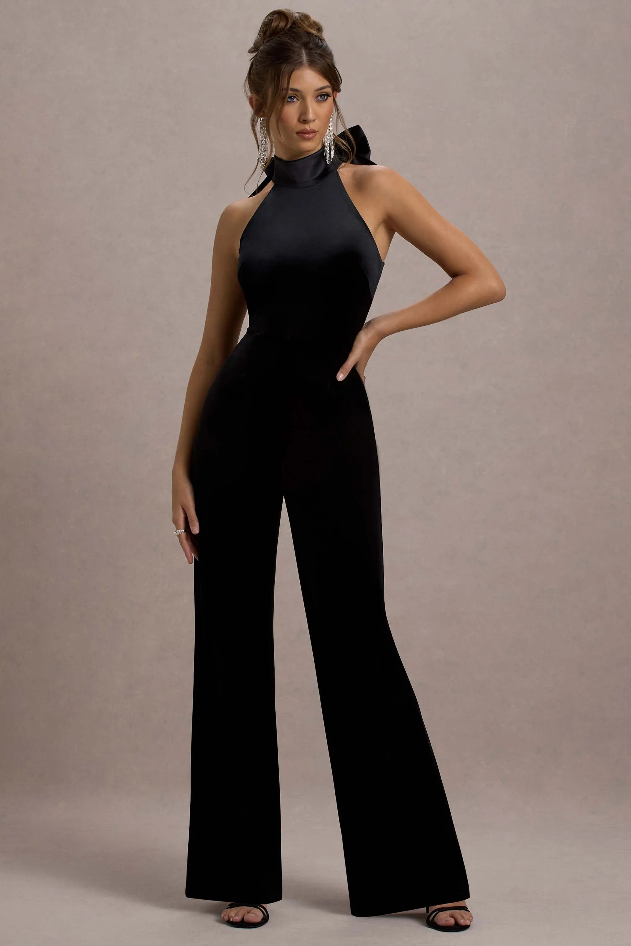 Alondra | Black Velvet High-Neck Straight-Leg Jumpsuit