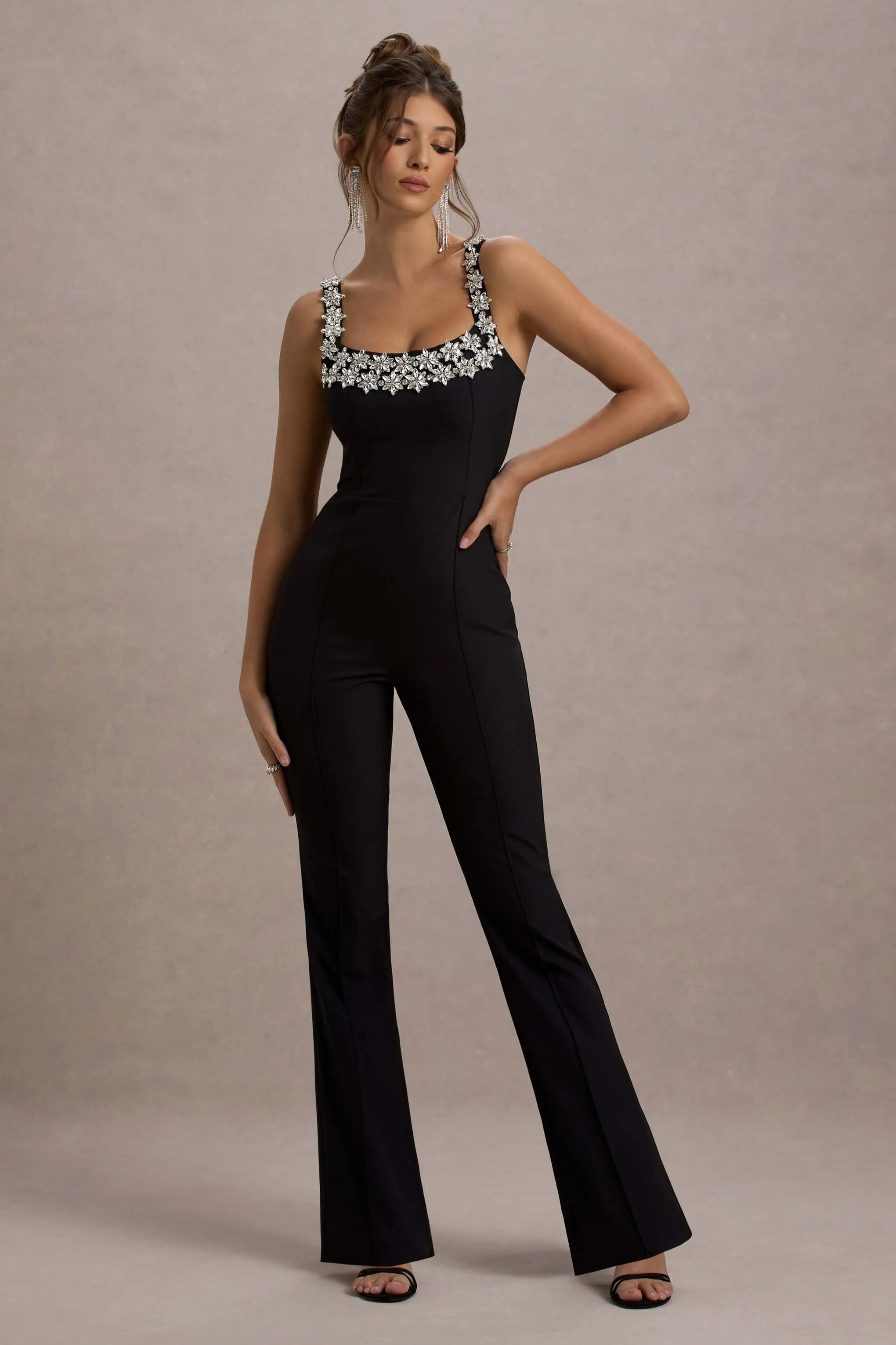 Amadi | Black Embellished Strappy Flared-Leg Jumpsuit