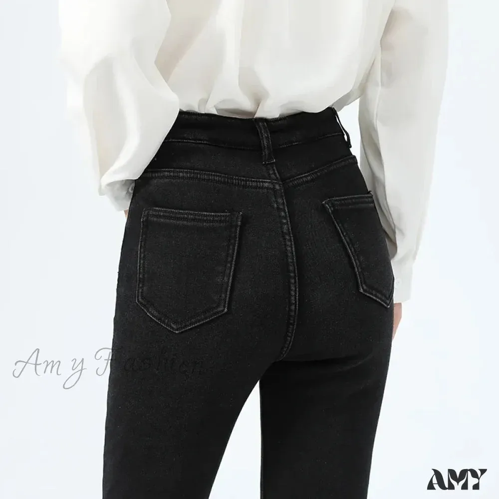 Amy Fashion - 2024 Winter Thermal Warm Plush Stretch Lady Skinny Fleece Women Thicken High Waist Denim Pants Retro Trousers Female Jean