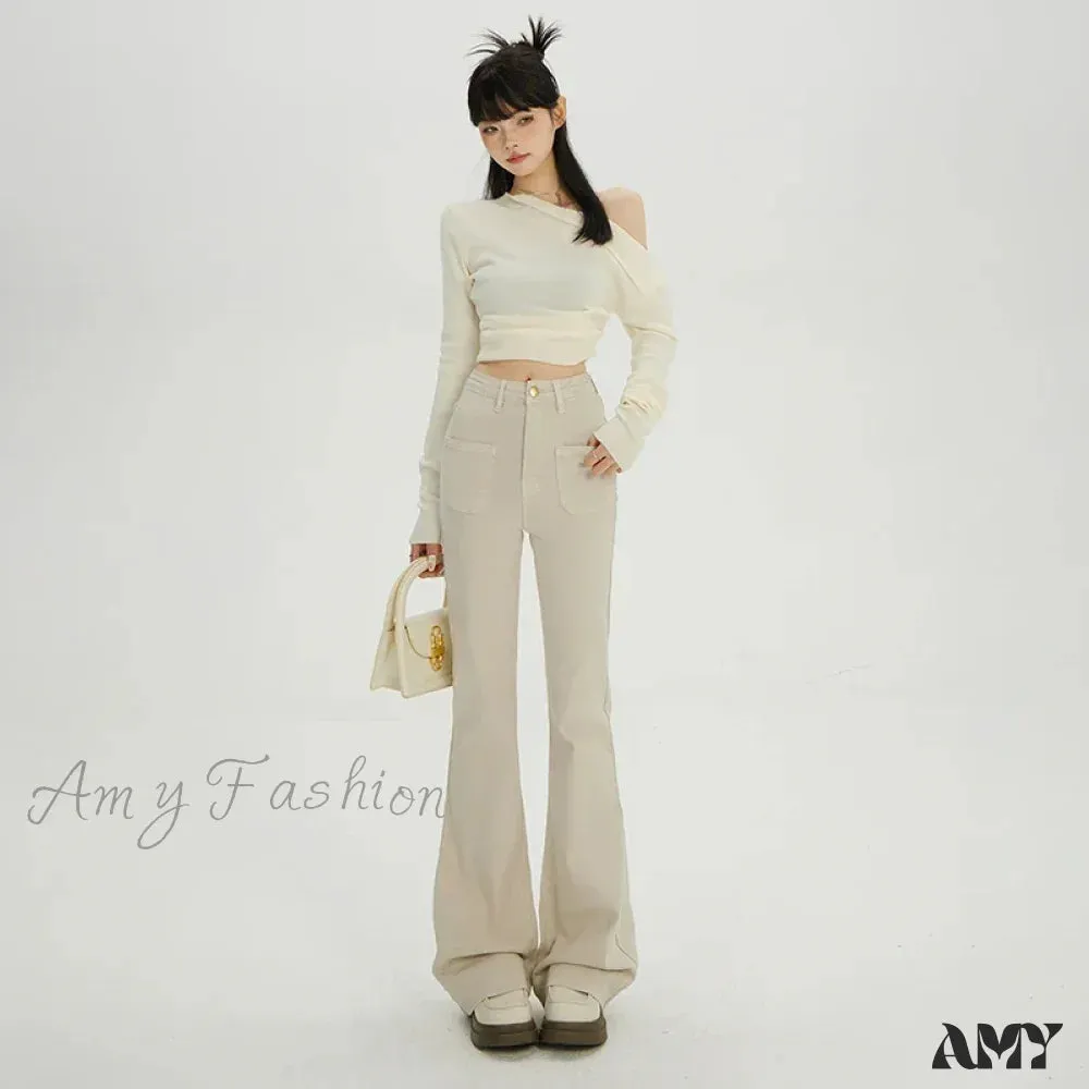 Amy Fashion - Autumn Winter Warm Flare Slim Lady Thermal Casual Tights Thicken Fleece Wide Leg Denim Jean