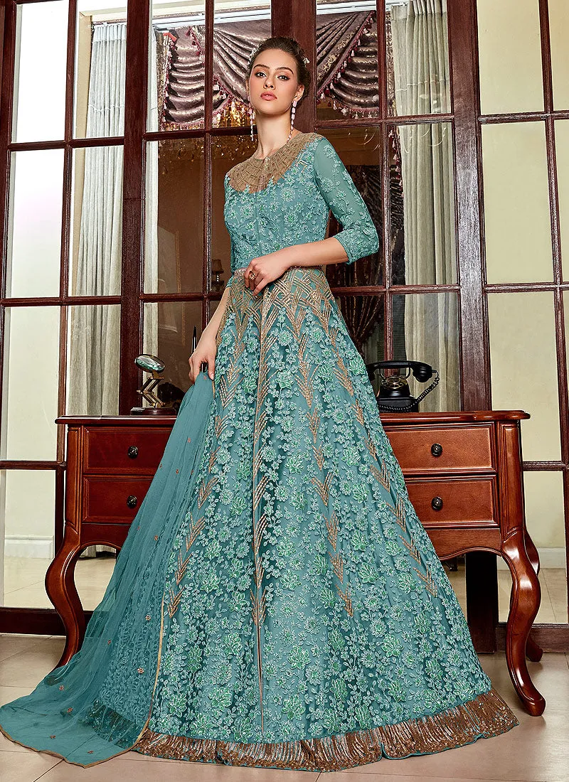 Aqua Blue Embroidered Anarkali Lehenga Suit