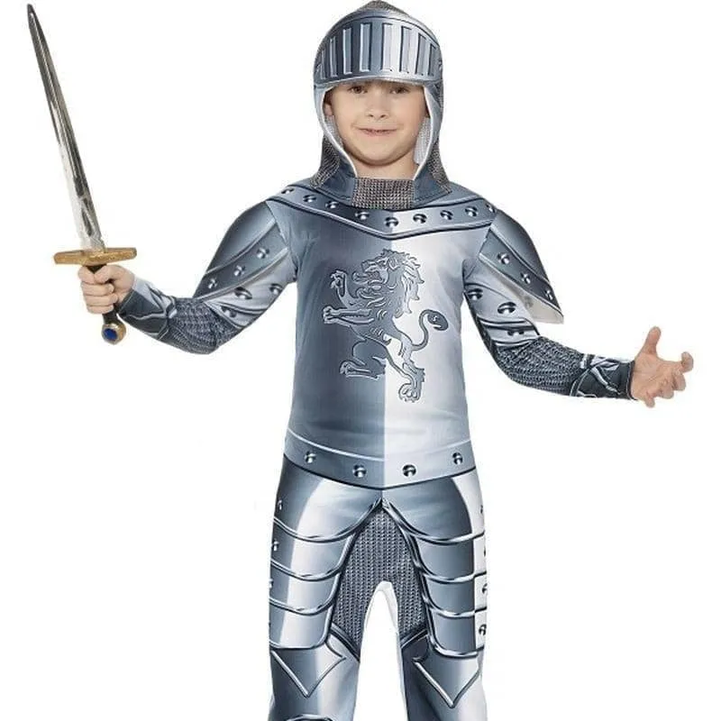 Armoured Knight Deluxe Costume Kids Jumpsuit Grey Headpiece