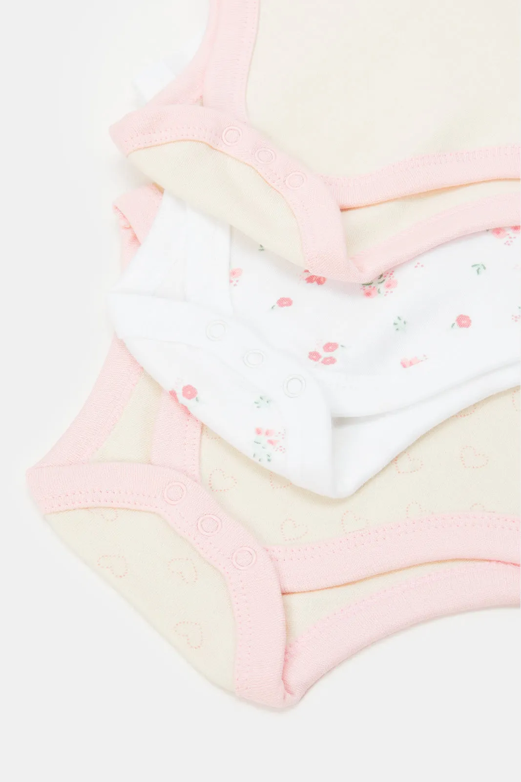 Baby Cream And Pink Printed Bodysuit Set (Pack Of 3)