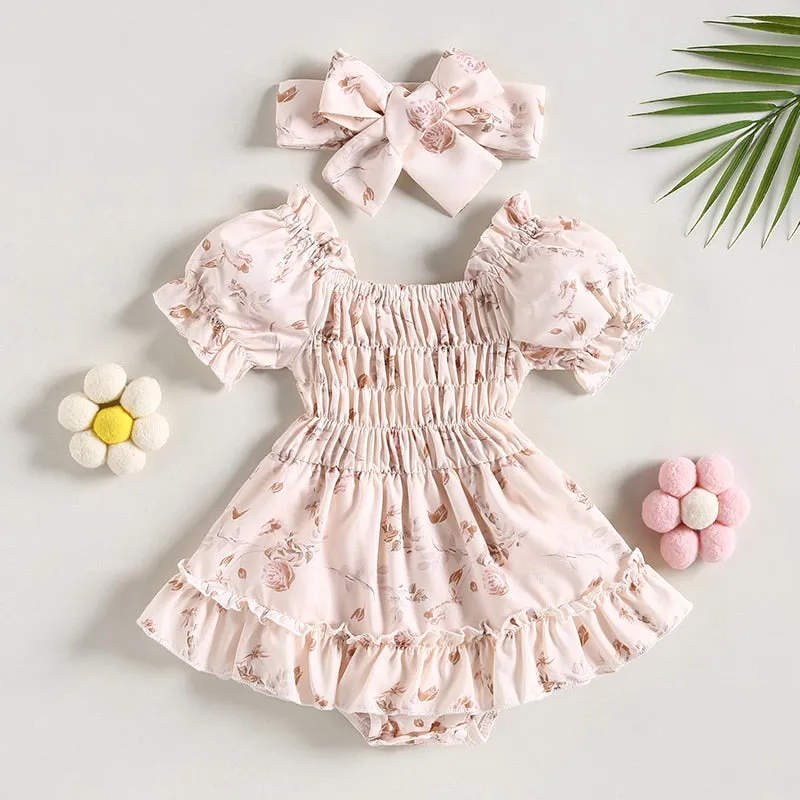 Baby Girl Boho Floral Print Ruffle & Headband Outfits, Color - Pink