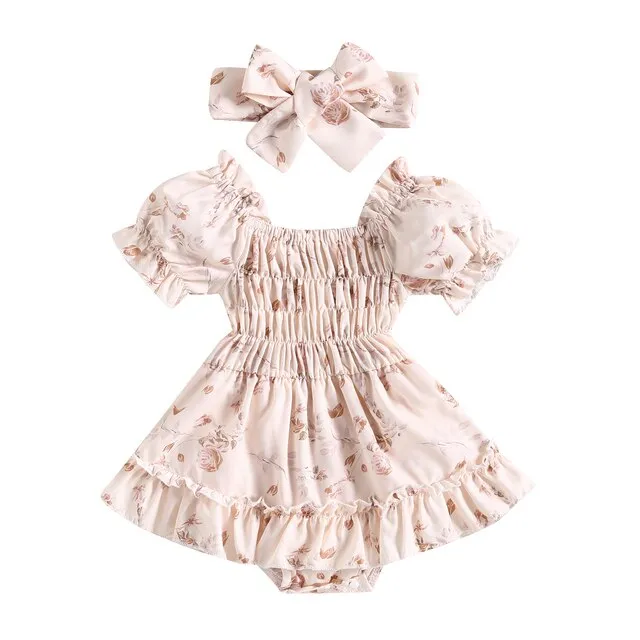 Baby Girl Boho Floral Print Ruffle & Headband Outfits, Color - Pink