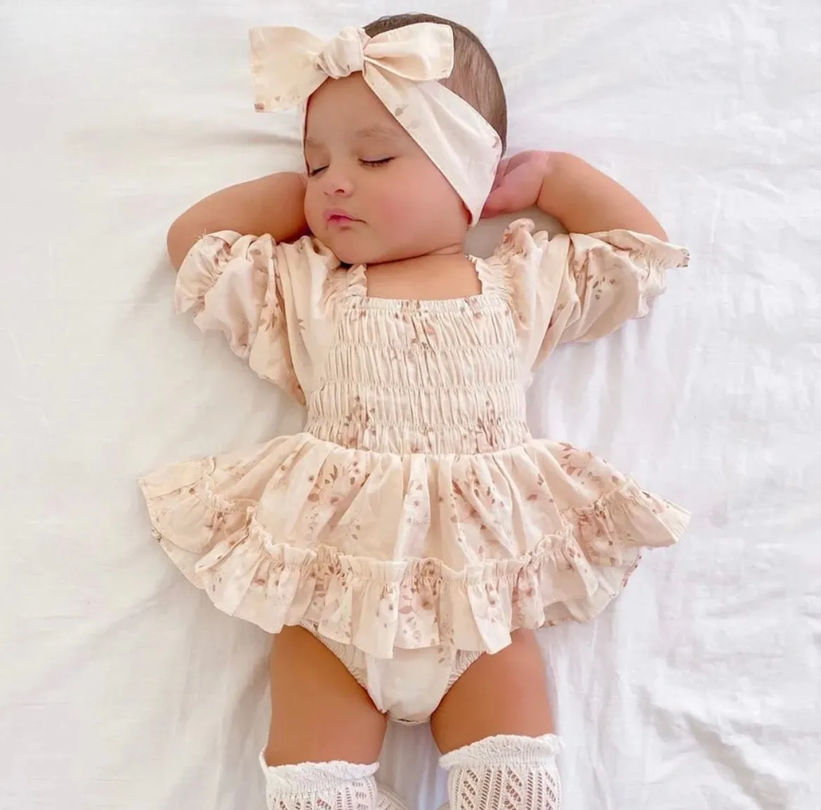 Baby Girl Boho Floral Print Ruffle & Headband Outfits, Color - Pink