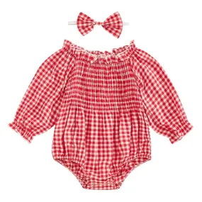 Baby Girls Farm Western Layette Onesie Romper with Bow Plaid