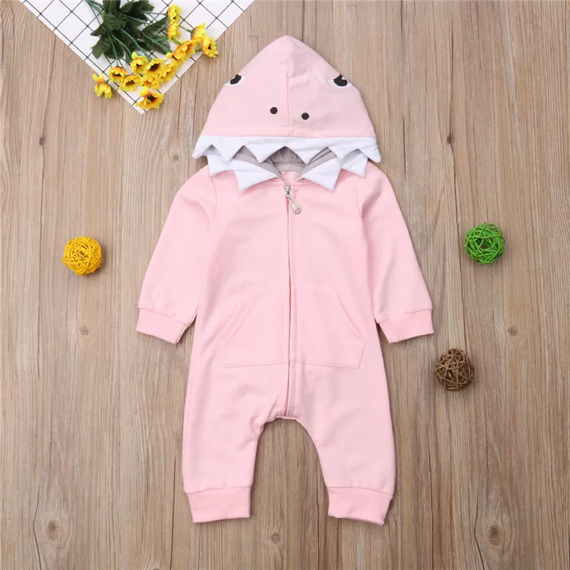 Baby Long Sleeve Scuba Romper: Pink/Grey Shark Hoodie