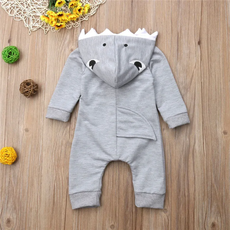 Baby Long Sleeve Scuba Romper: Pink/Grey Shark Hoodie