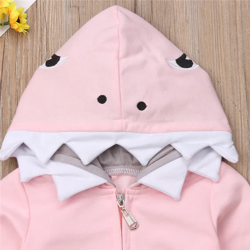 Baby Long Sleeve Scuba Romper: Pink/Grey Shark Hoodie